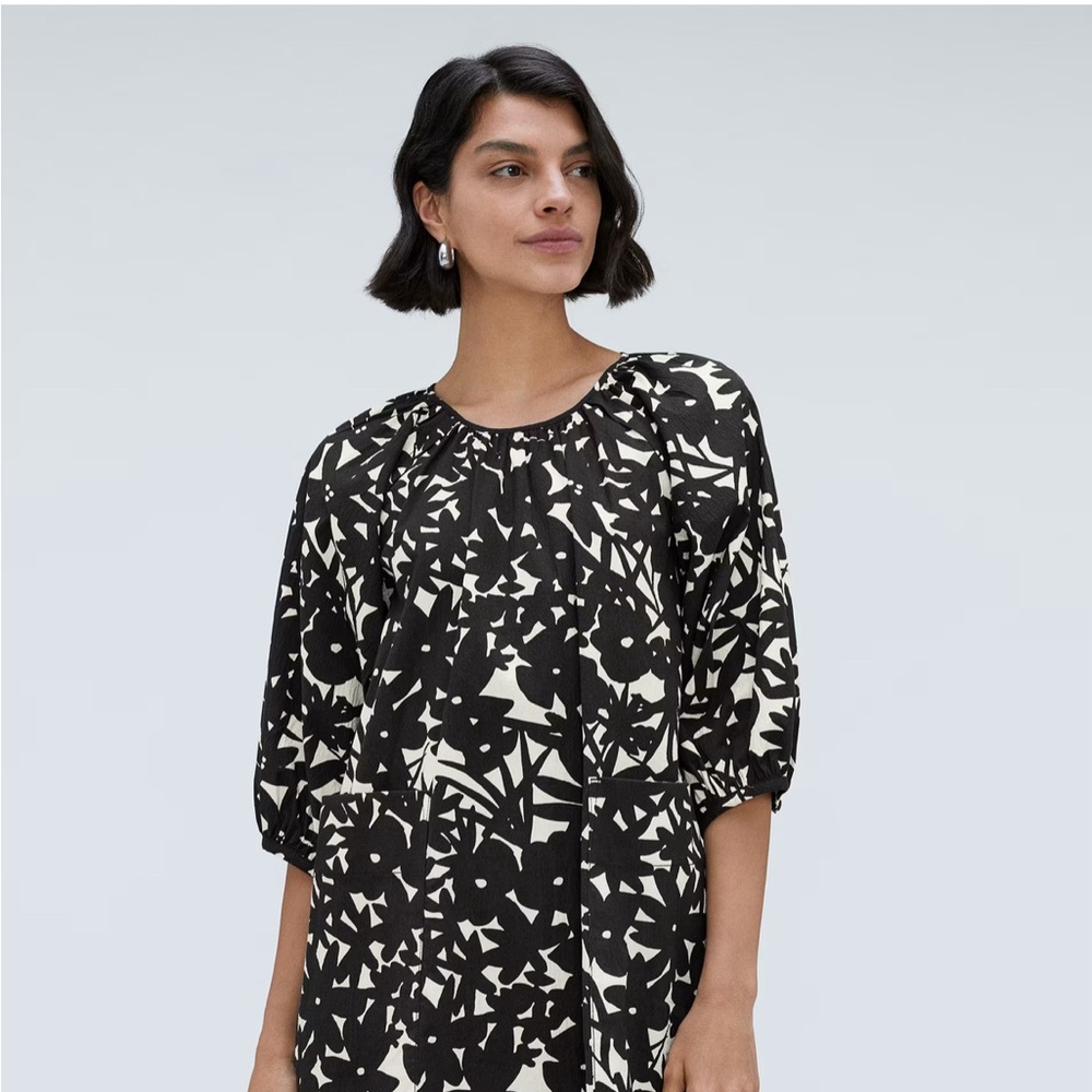 Everlane Black White Abstract Floral Seersucker Puff Sleeve Mini Dress XS